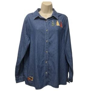 Holiday Editions XL Y2K Christmas Denim Shirt Embroidered Trees Gifts